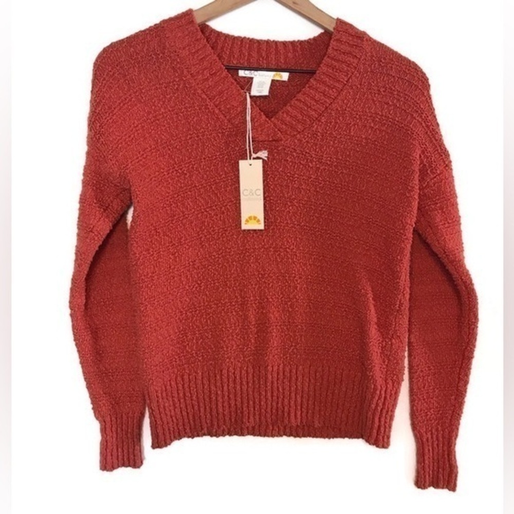 NWT C&C Terracotta Orange 100# Cotton Textured B Neck Sweater Women’s size XS